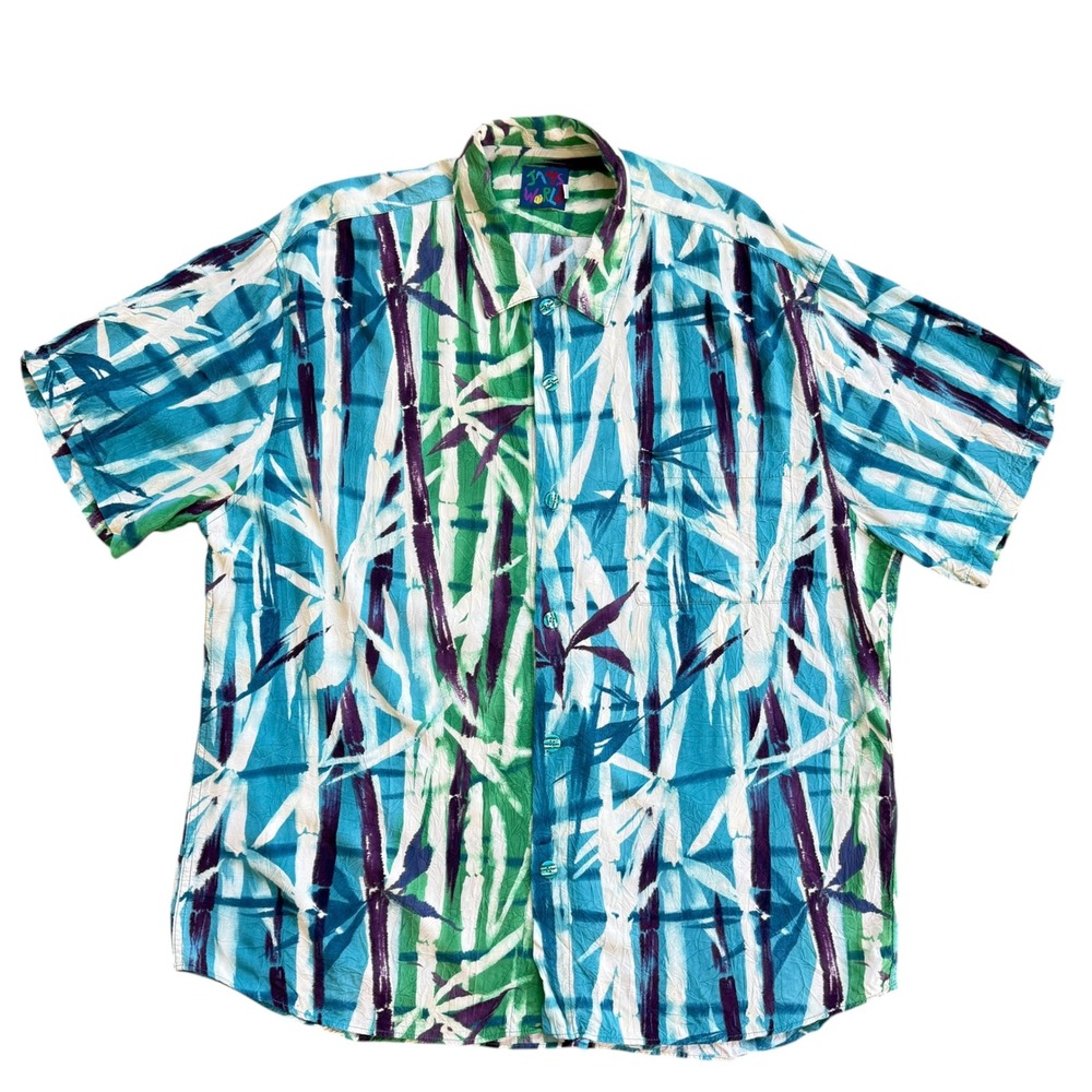 Jams World Mens XL Bamboo Print Crushed Rayon Short Sleeve Button Down Shirt